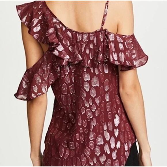 Veronica Beard Benton Leopard Burgundy & Silver Ruffle Top Blouse Size 4 - Picture 2 of 8